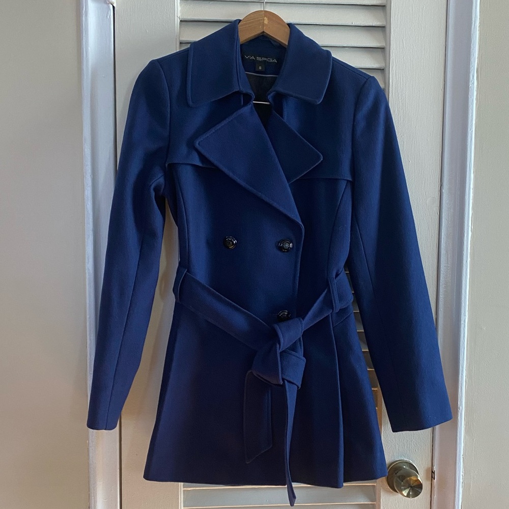 Via Spiga Navy blue wool peacoat with belt, Size 8.